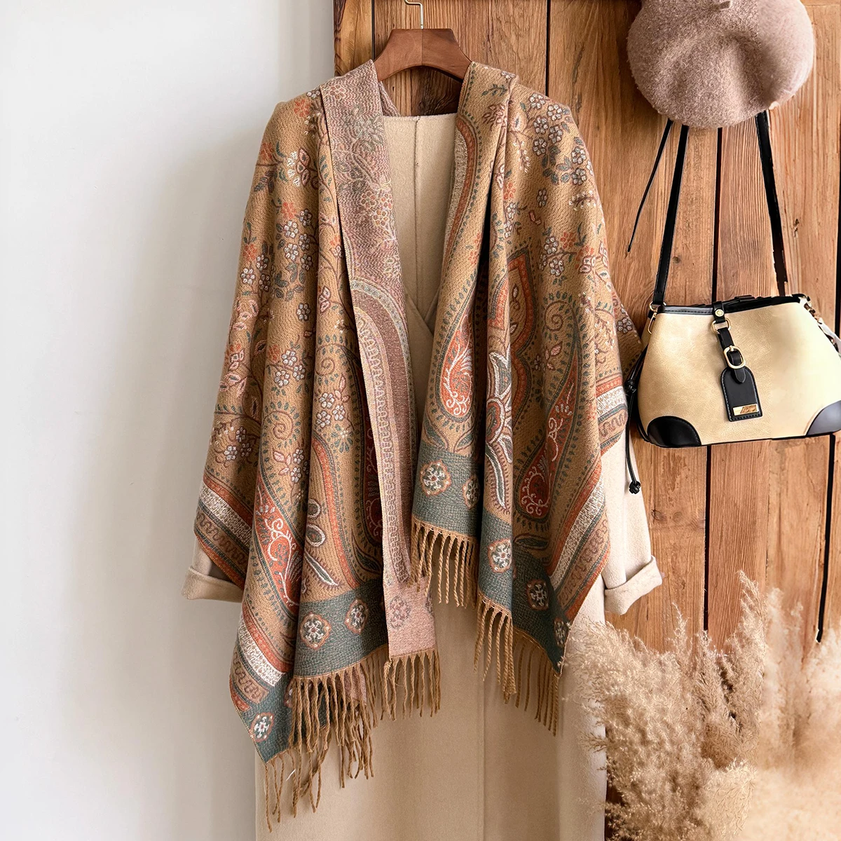 Brand Fashion Women's Winter Cashmere Shawl - Vintage Floral Printed Tasseled Oil Painting Style Pashmina Thick Wrap & Echarpe