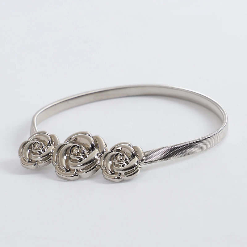 Elegant Rose Buckle Waist Chain - Women's Slim Elastic Metal Belt in Gold & Silver