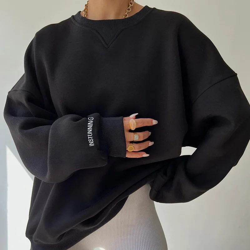 Autumn and Winter Women's Pullover Round Neck Solid Embroidered Screw Thread Shoulder Drop Long Sleeve Sweater Fashion Tops