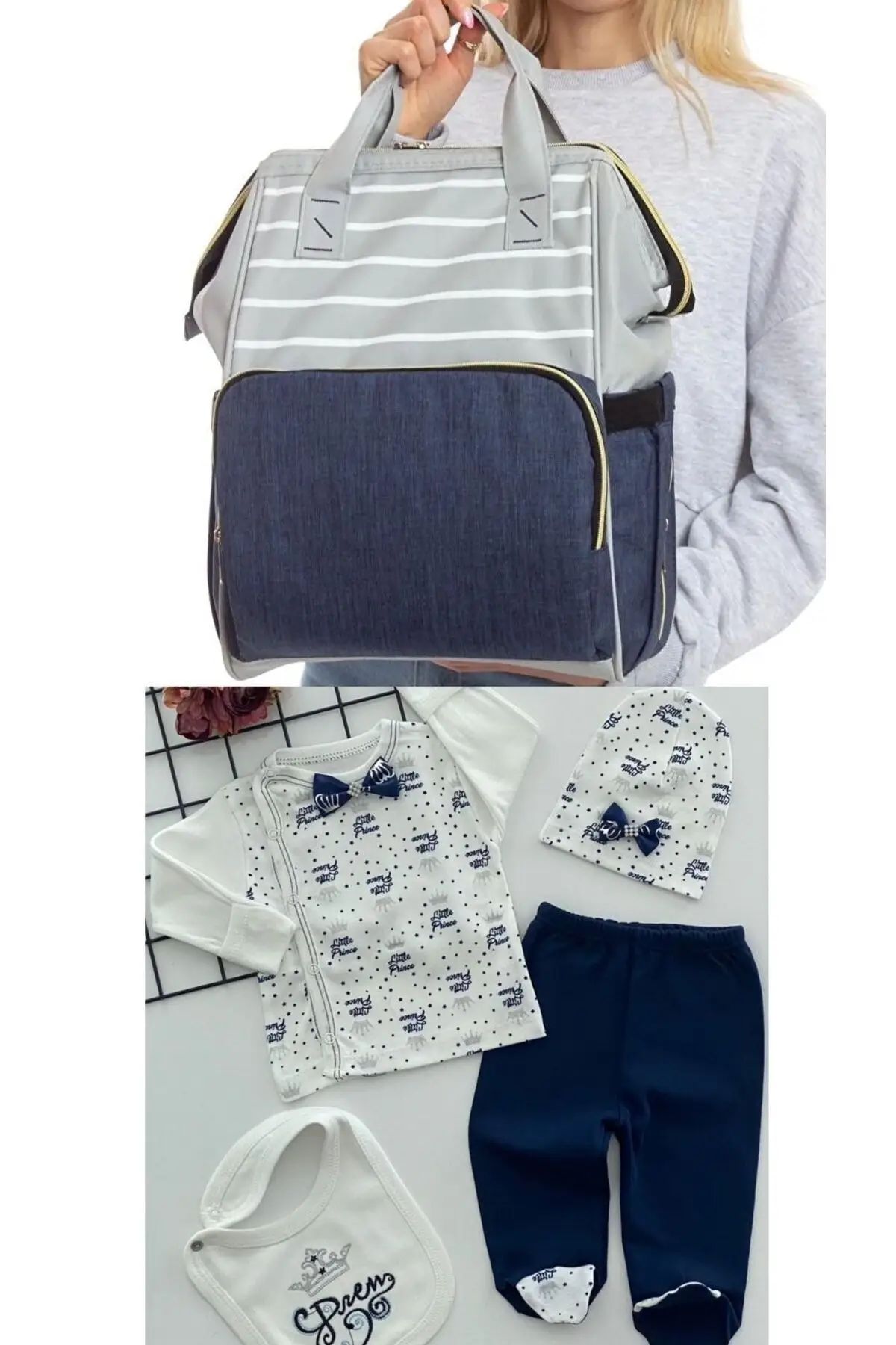 

2 Pieces 100% Cotton Hospital Outlet and Waterproof Stack-Free Functional Baby Care Backpack Set Navy Blue