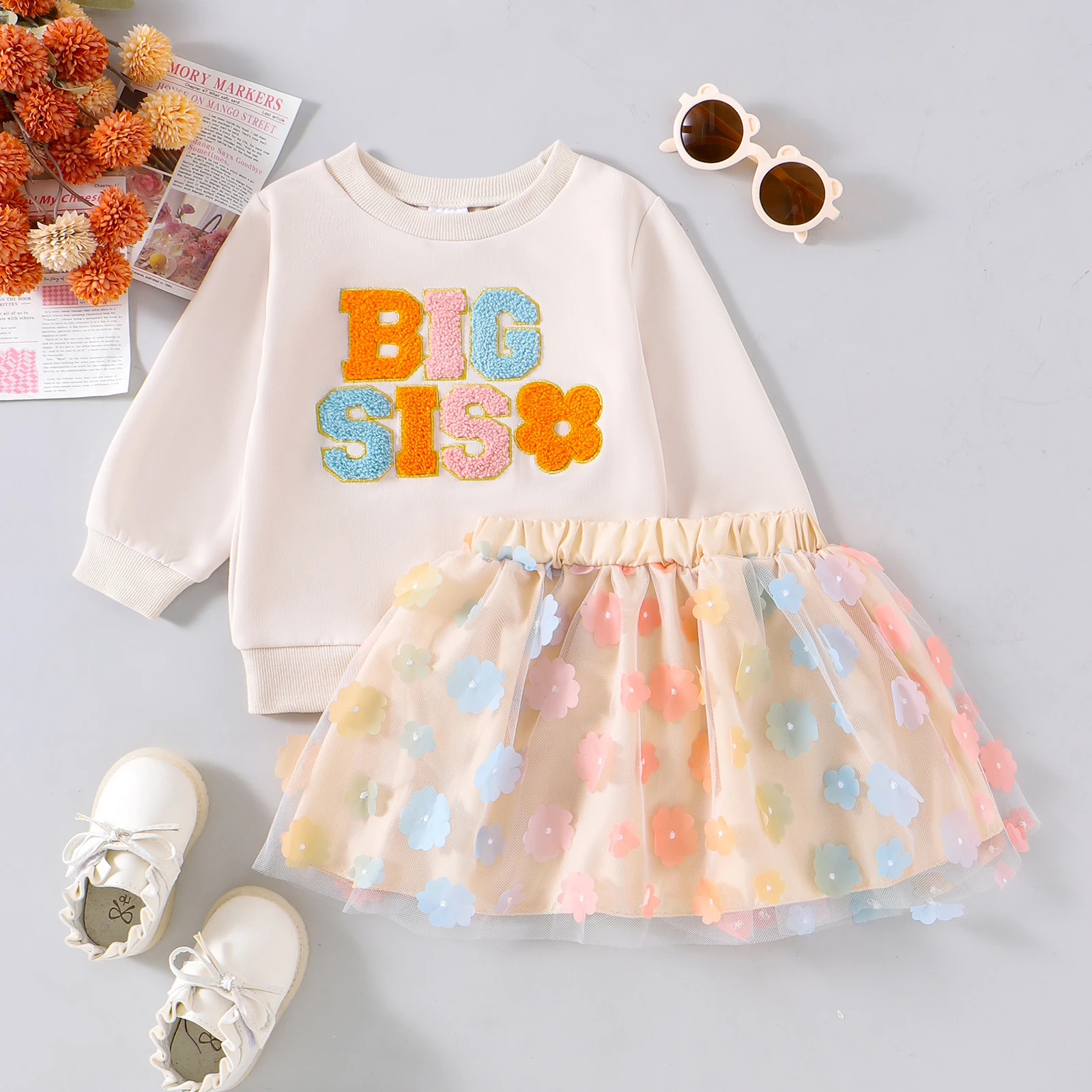 Kids Girls Sister Family Matching Outfits Skirt Set Long Sleeve Embroidery Letters Sweatshirt with Flower Tulle Skirt 2 piece 3