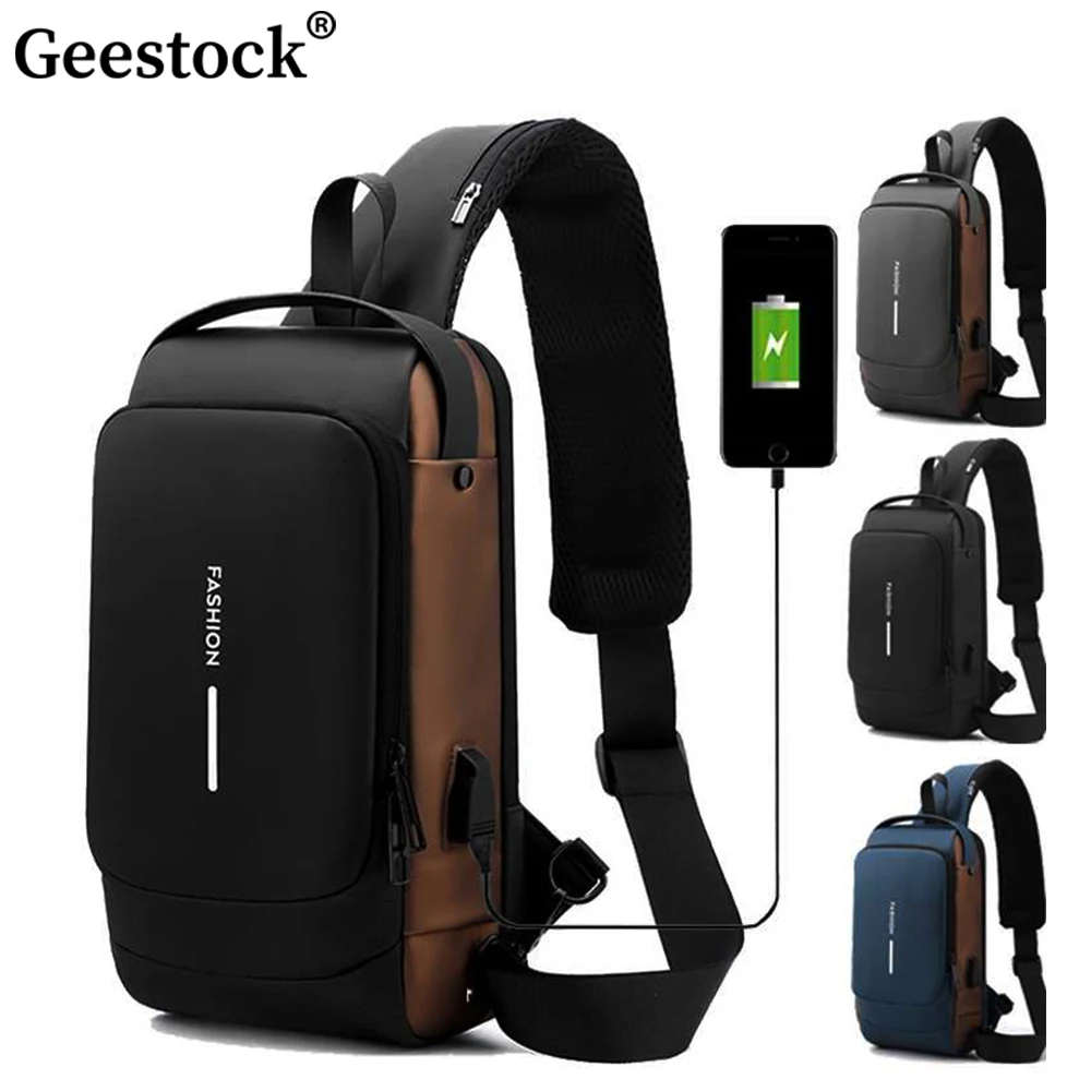 Geestock Anti-Theft Crossbody Bag Men's Shoulder Bag Travel Messenger Chest Sling Pack USB Chest Bag Shoulder Bag For Men