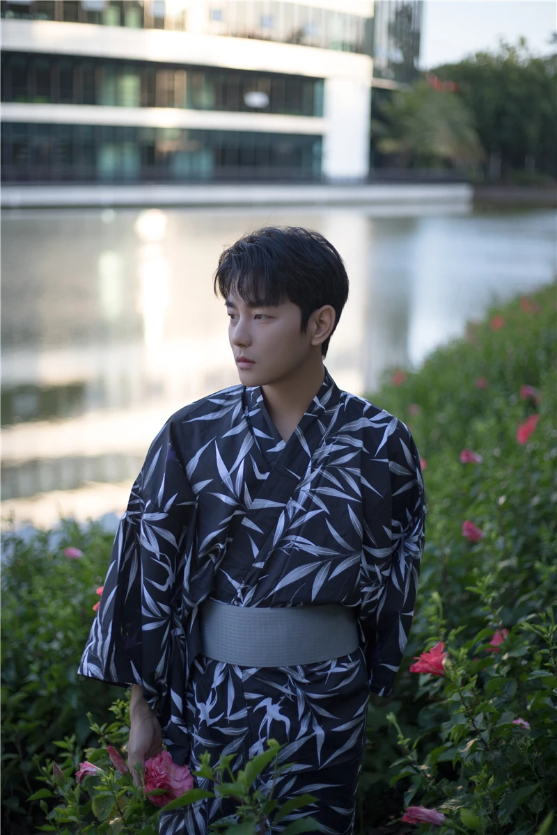 Japanese Men's Traditional Kimono With Belt Yukata Robe Formal Cotton Bathrobe Home Service Summer Clothing