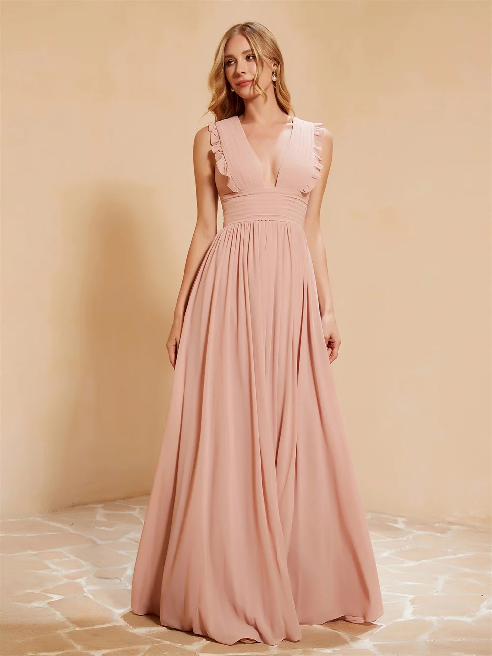 

Off the Shoulder Ruffles V-neck Bridesmaid Dresses With Split Side Pleated Corset Evening Dress A-line Sleeveless Long Ball Gown