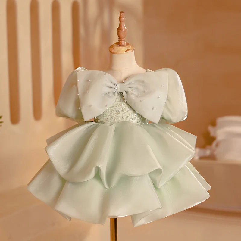 

Cute Baby Girls Princess Dress Beading Pearls Bow Organza Dress Wedding Flower Girl Dress Kids Birthday Party Gown