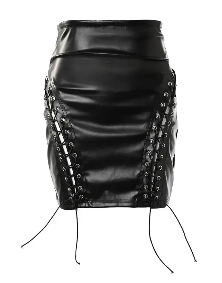 Women's Short Skirt 2023 Autumn New Fashion Casual Sexy High Waist Pu Leather Eyelet Lace-Up Skirt Spicy Girl Style