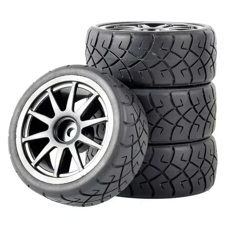 KEEDA Lot de 4 pneus en caoutchouc de 75 mm et roues en plastique, pneus RC et jantes pour 1/10 RC sur route, voiture de rallye RC 1/16 RC HSP 94123