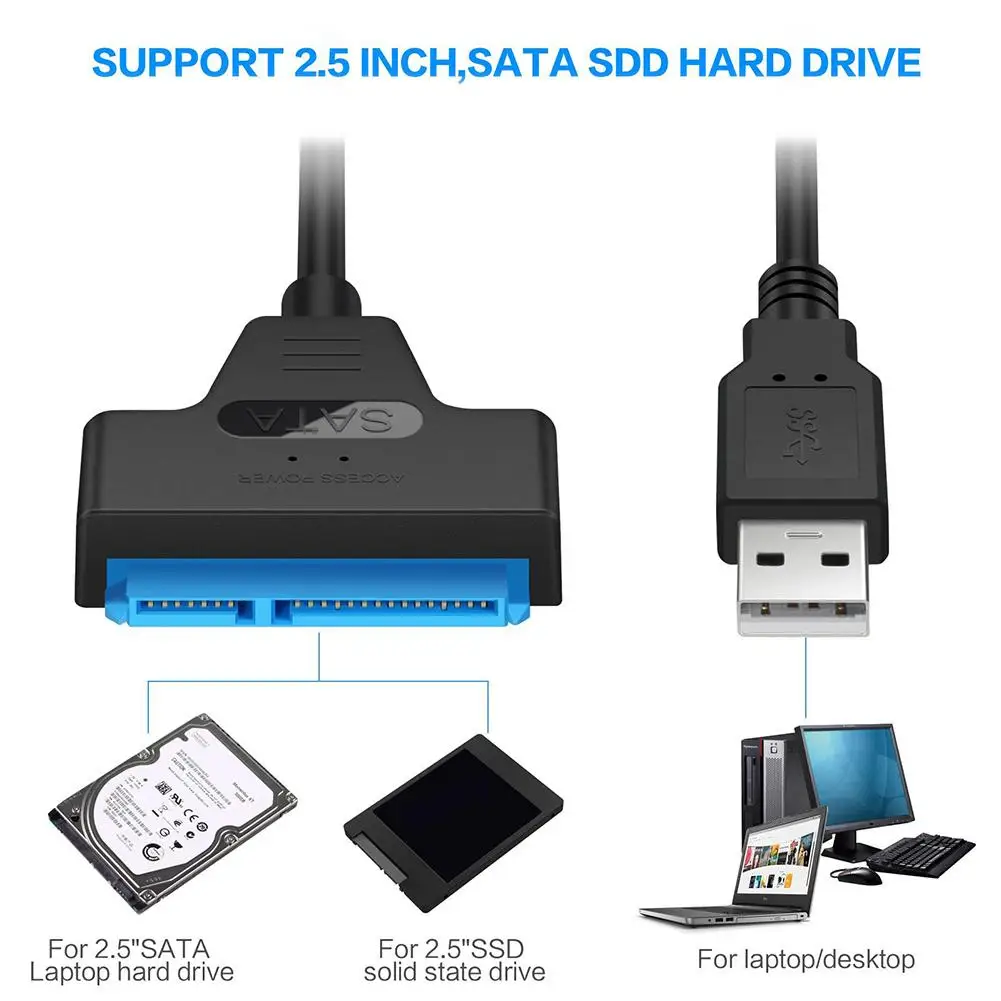 쉬운 드라이브 라인 USB 2.0-SATA 22 핀 케이블 어댑터 컨버터 라인, HDD SSD 연결 코드 와이어, 2.5 인치 하드 디스크 드라이브용