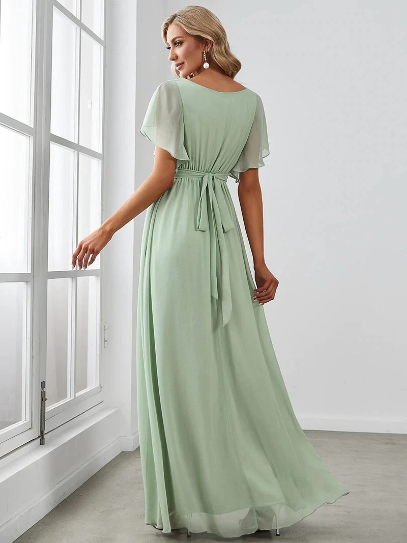 Elegante Avondjurken Lange A Line Korte Mouw V-Hals Chiffon Vloerlange Jurk 2024 Altijd Mooi Van Eenvoudige Prom Vrouwen Jurk