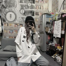 

Removable Long-sleeved White Blouse Y2K Loose Spring Summer Butterfly Print Harajuku Style Design Detachable Sleeve Shirt Top