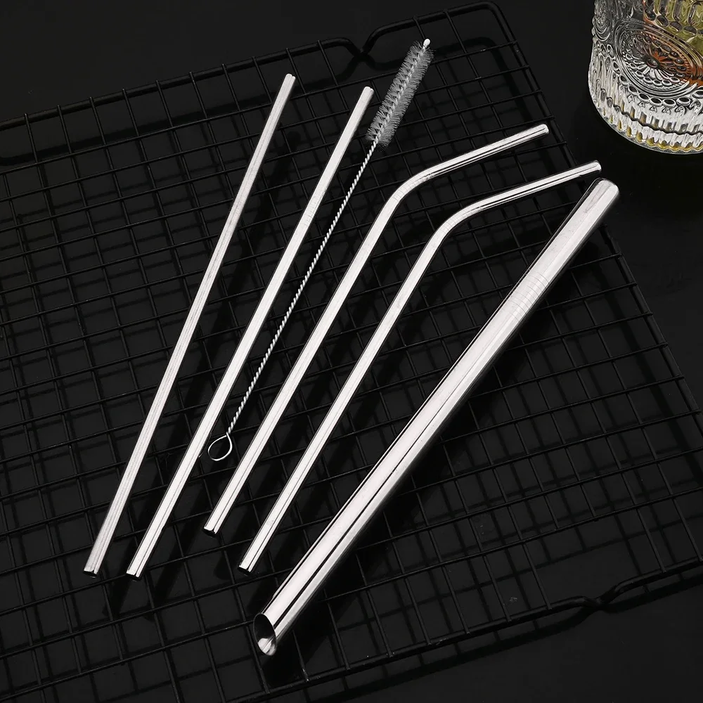 Silver Reusable Stainless Steel Drinking Straws Set with Cleaning Brush