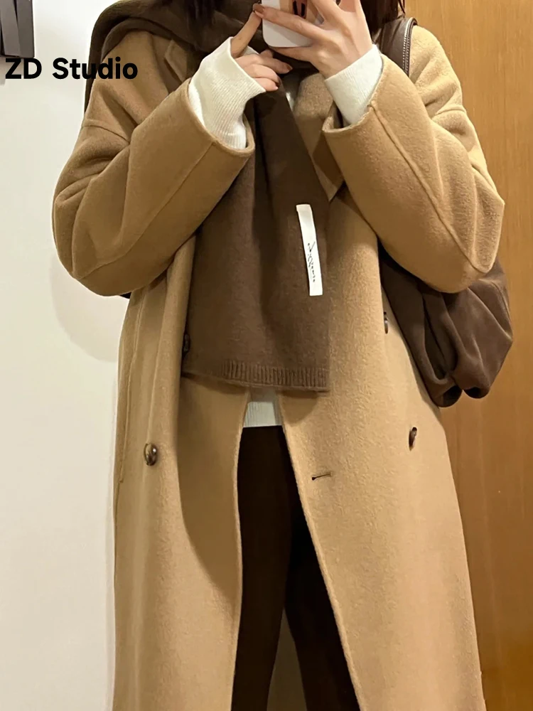 

[ZD Studio] 2023 Autumn And Winter Korean Version Retro Lapel Temperament Loose Lace-up Long Woolen Coat Coat Woman