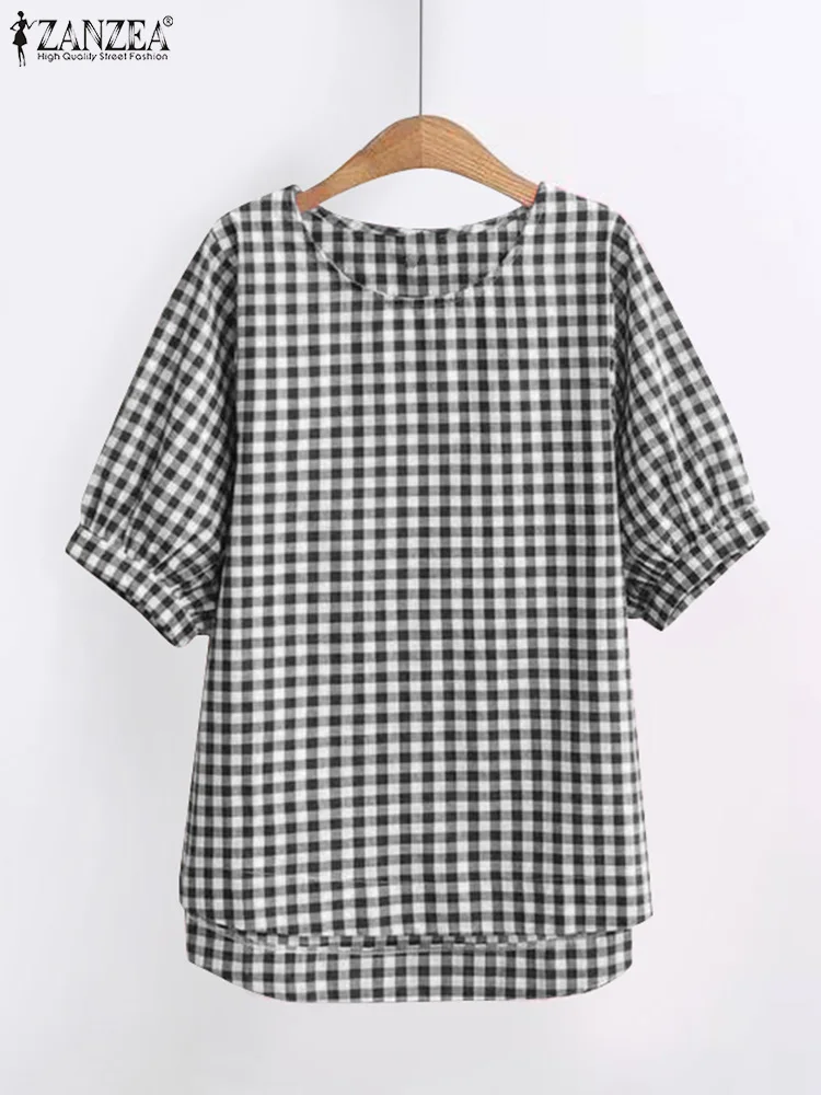 

Блузка ZANZEA Женская в мелкую клетку, Повседневная модная рубашка свободного покроя, с круглым вырезом, с полурукавами-фонариками, в клетку, 2024