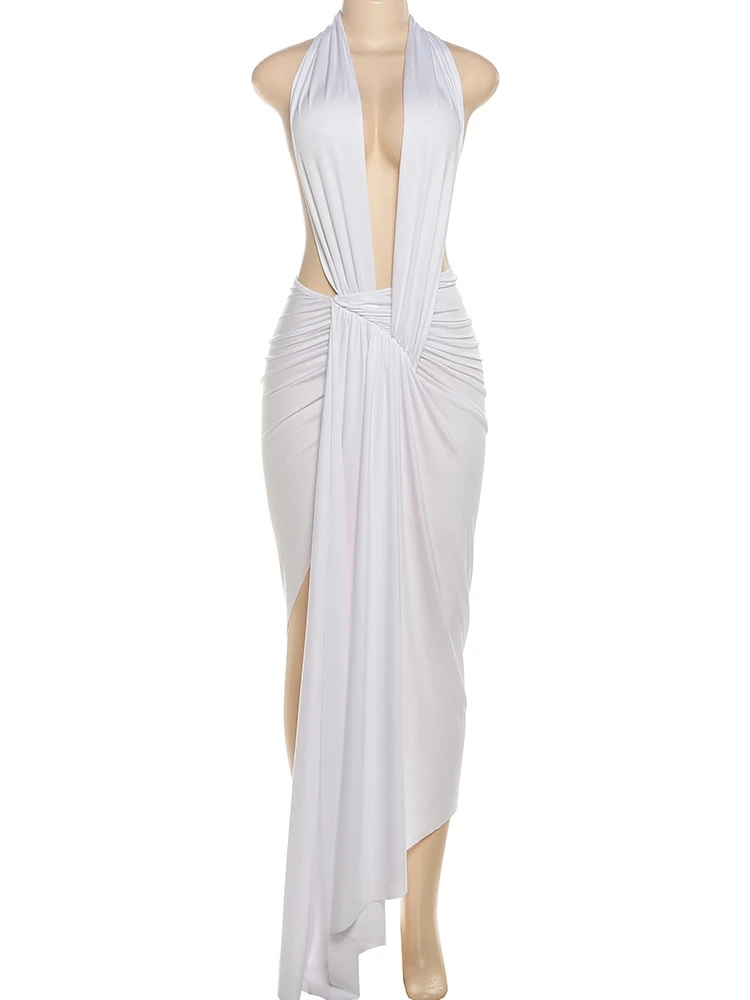 Weird Puss Sexy Backless Dress Women Halter Sleeveless Knot Ribbon Ruched Slits Irregular Hem Birthday Party Elegant Vestidos 6