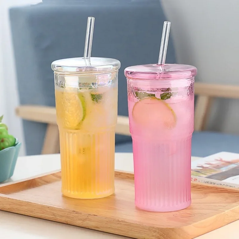 Tazza in vetro da 600 ml Tazza da caffè al latte con coperchio e cannuccia Tazza da acqua a strisce trasparenti Bicchieri da succo Tazza da tè Bicchieri