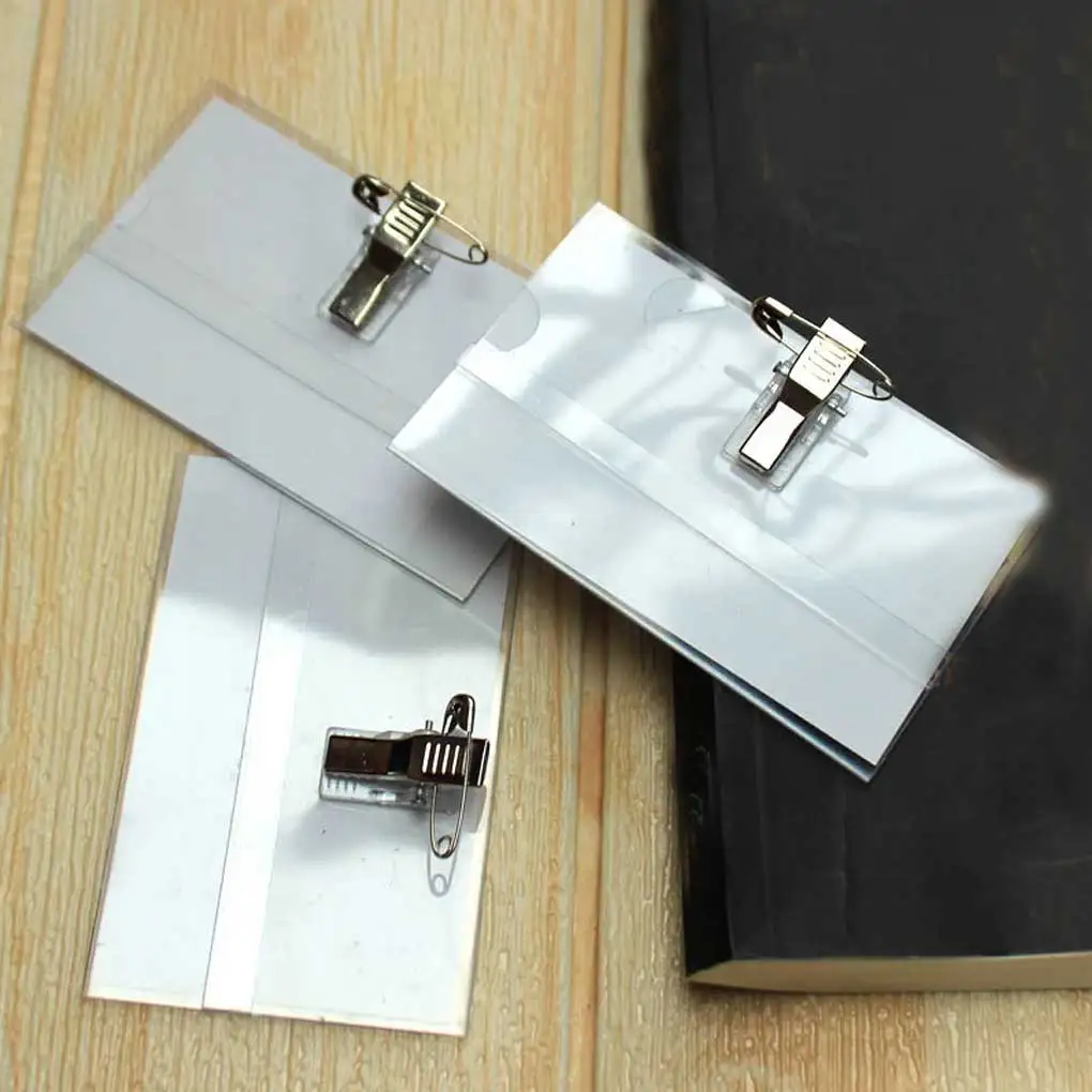 ID Name Badge Holder Safety Pin Clip Sleeve Transparent Brooch Tag