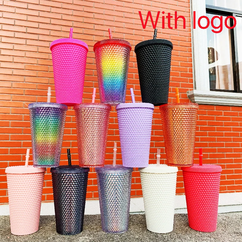 

475ml double layer coffee cup with lid with straw with logo durian cup 16oz diamond tie cup cold drink cup wholesale