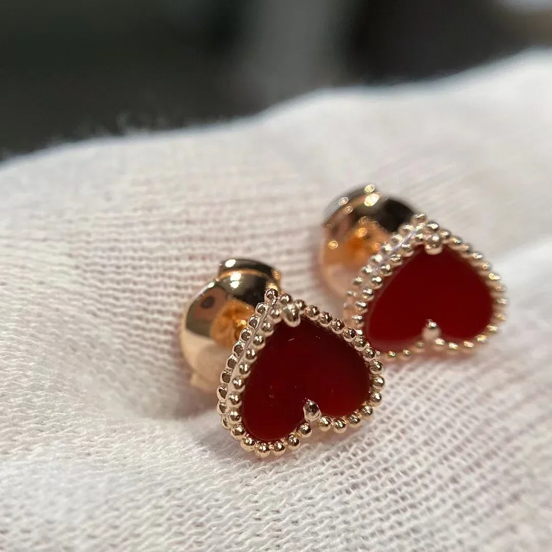

High quality luxury brand 925 sterling silver jewelry natural red onyx small heart stud earrings women's jewelry gifts
