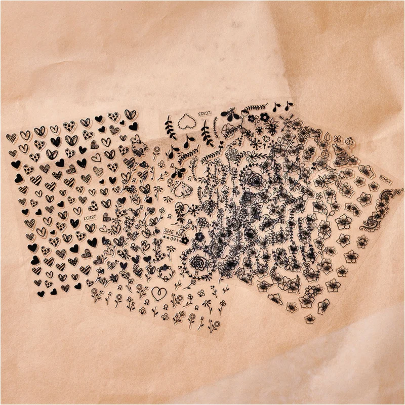 

1pcs 3D Laser Adhesive Nail Stickers Black Love Flower Leaf Stickers Water Decals For Nails Art Decorations Supplies Nail Parts