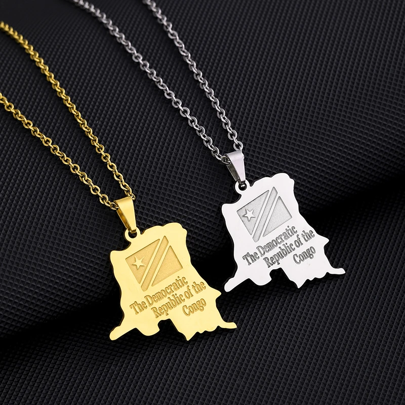 

Democratic Republic of the Congo Map Flag Pendant Necklaces Gold Color DRC Kinshasa Stainless Steel Party Jewelry For Women Men