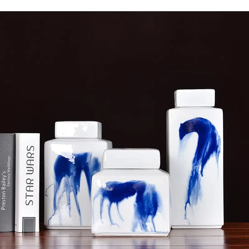 

Blue and White Porcelain Storage Jar Vases Ceramic Candy Jars with Lid Dressing Table Cosmetic Containers Vintage Home Decor