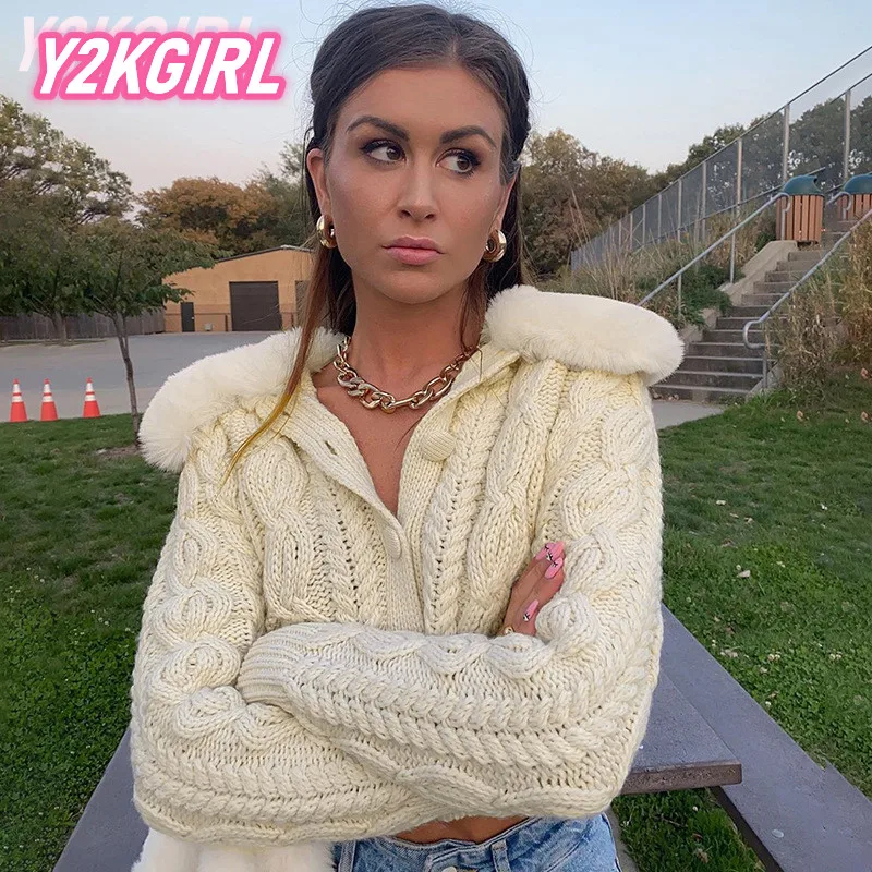 2022 Fashion Women Cardigan Sweaters White Fur Trim Collar Casual Streetwear Y2k Knitwear Crop