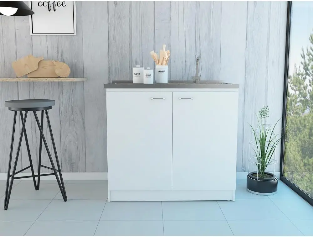 Napoles Utility Kitchen Sink, Storage Cabinet with Shelf and Double Doors – All-in-One Kitchen Sink Cabinet for Home or Laundry