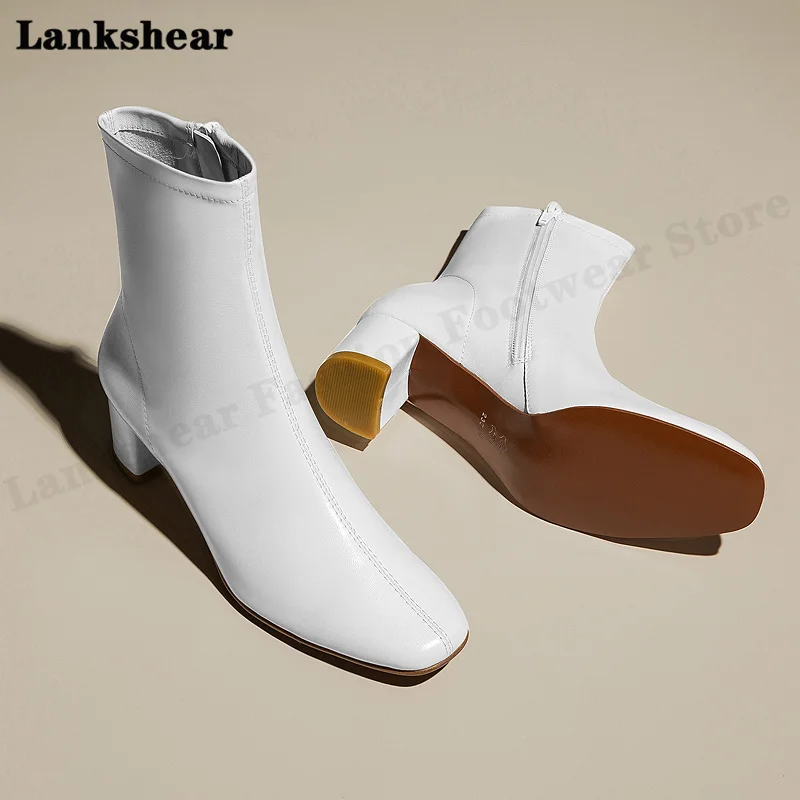 Thick Heel Mid-Tube Boots Leather White Short Boots Single Boots Women's Thin Boots Net Red Boots French Style Boots