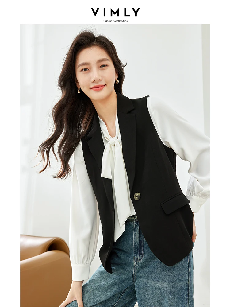 Vimly Elegant Waistcoat for Women Short Autumn Spring Jacket Sleeveless Korean Fashion Solid Vestes Female Woman Clothing V8227 vimly cotton denim pants high waisted baggy jeans woman 2023 autumn casual straight loose women s trousers female clothing 72202