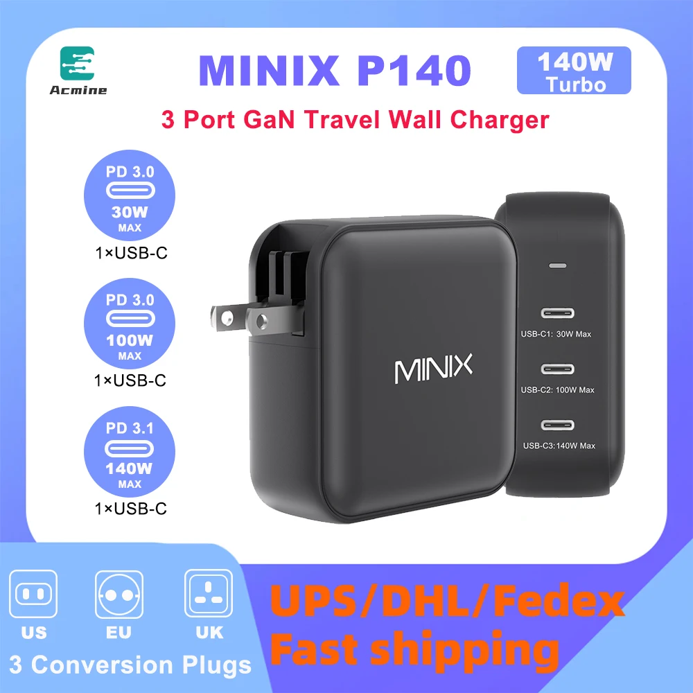 Minix P140 140W Gan Travel Charger Office Hub Per Telefono Tablet Laptop Console