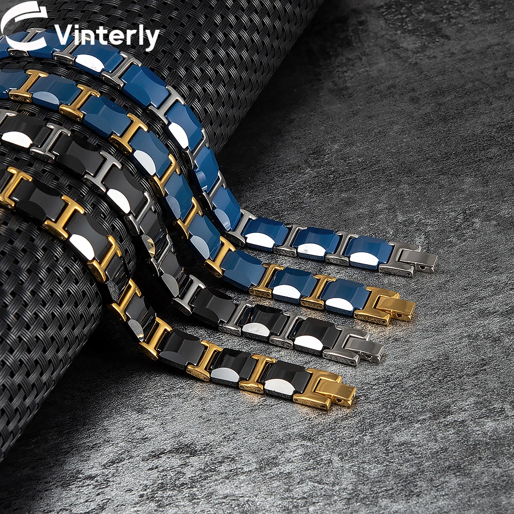 Bracciale in ceramica antigraffio Vinterly per uomo Blue Gold-color Energy Magnetic Hematite benefit 21CM gioielli Punk impermeabile