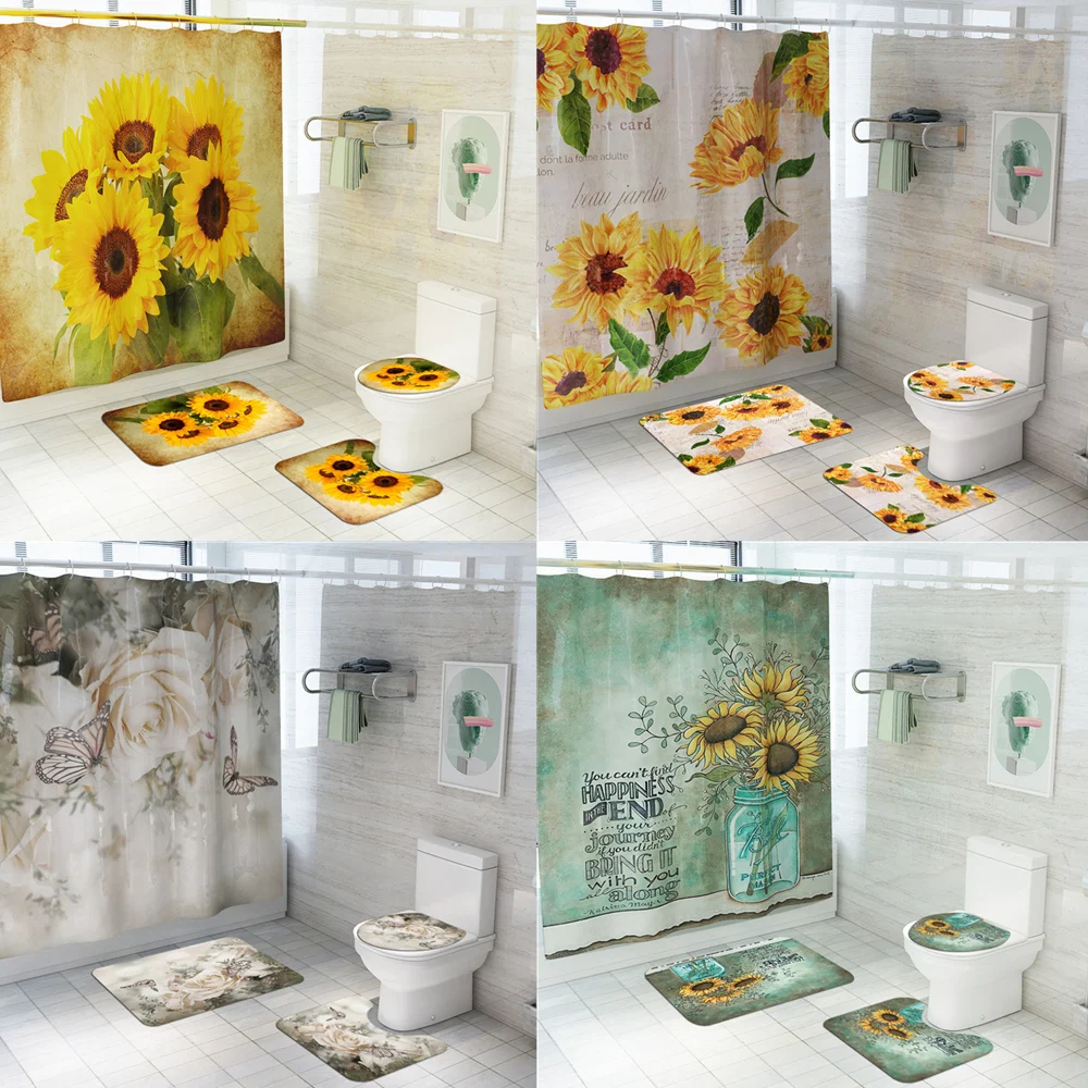 

Retro Pastoral Sunflower Rose Butterfly Home Decor Bathroom Toilet Cover Sets Waterproof Shower Curtain Mats Carpet Rugs Suits