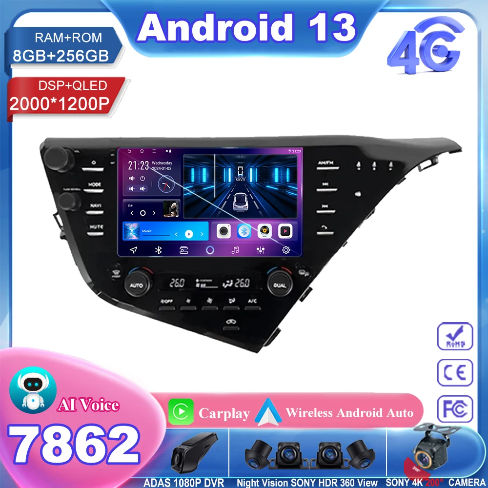 

Car Android 13 For Toyota Camry 8 XV 70 2017-2020 2021 Auto Radio Stereo Multimedia Player GPS Navigation 5G wifi HDR QLED 2din