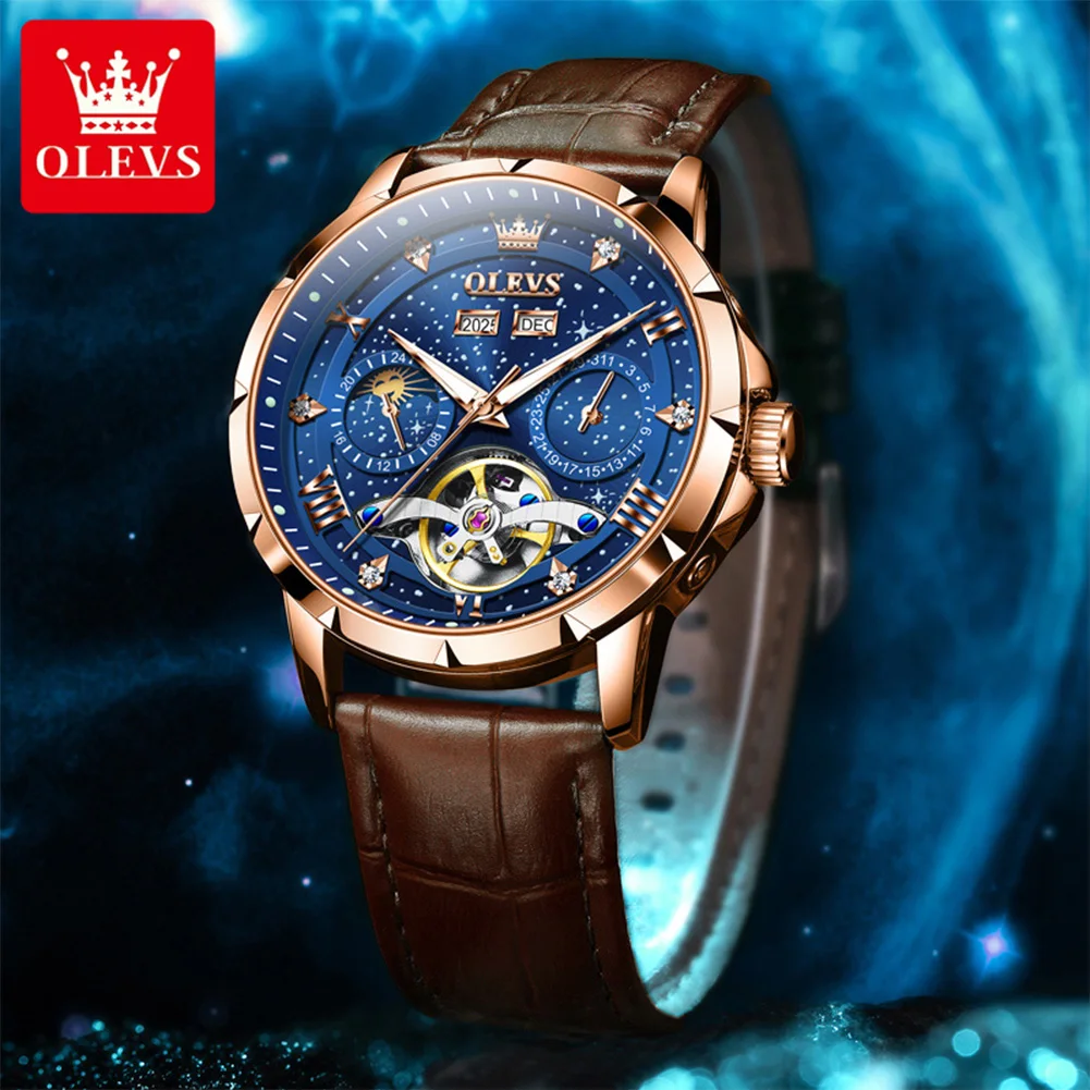 OLEVS 6690 Men's Watch Fashion Business Date Moon Phase Mechanical Men Watches Luxury Hollow Original Waterproof Watch For Men