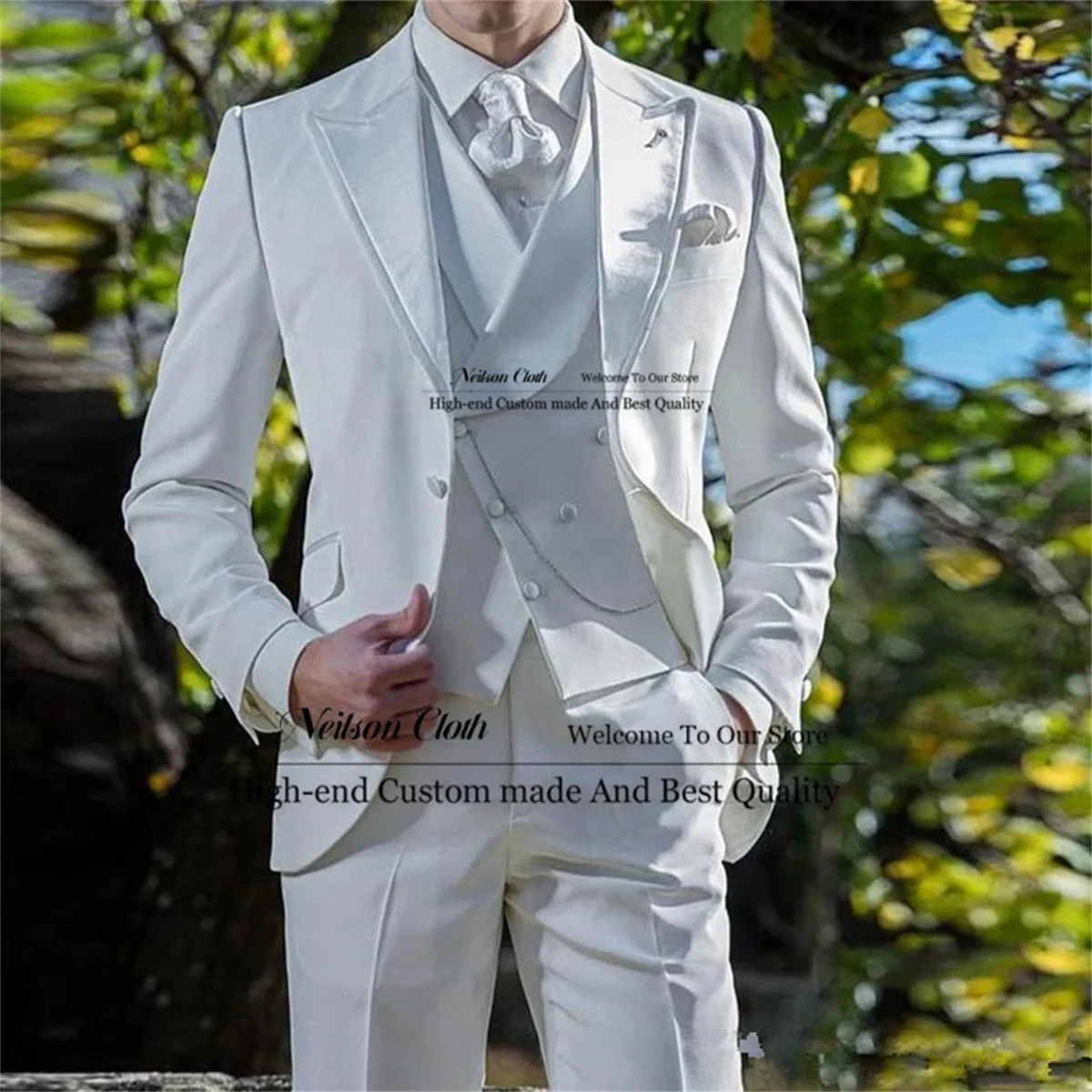 

Fashion White Men Suits Peaked Lapel Groom Wedding Tuxedos 3 Pieces Sets Business Male Prom Blazers Slim Fit Terno Masculino