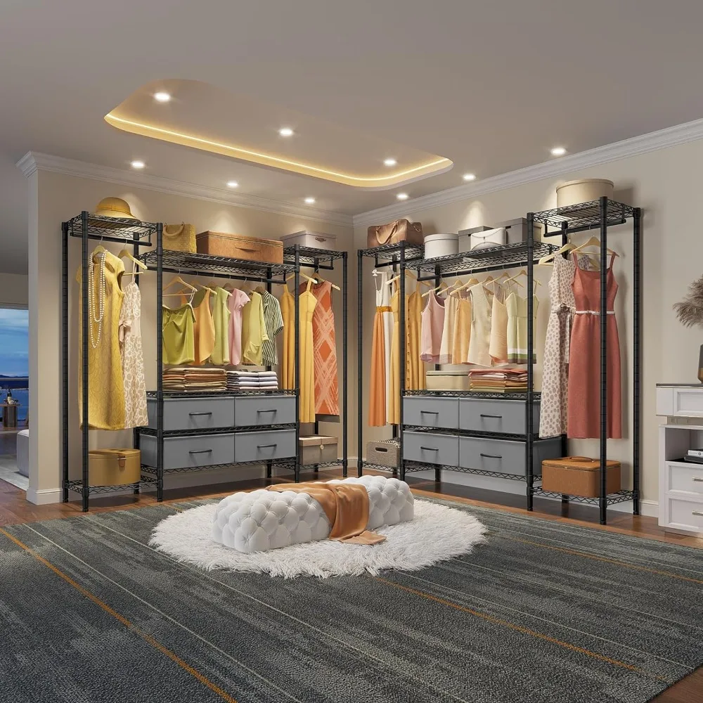 

Open Closets,V20 Wire Garment Rack Heavy Duty Clothes Rack, Metal Clothing Rack with 6 Shelves, 3 Hang Rods & 4 Fabric Drawers