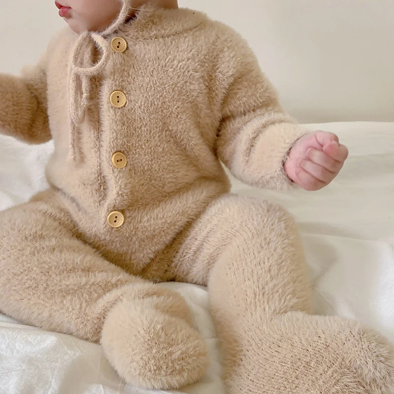 Newborn Baby Boy Girl Jumpsuit Kids Bear Hooded Romper Bodysuit Clothes Outfits Mink Fleece Long Sleeve Toddler One Piece Outfit