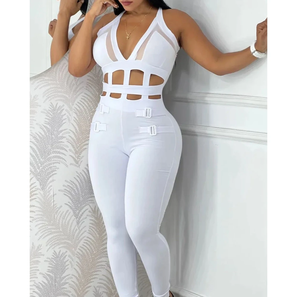 Summer Women Hollow Out Halter Buckled Contrast Mesh Sleeveless Jumpsuit Sexy Plunge Night Out White Jumpsuits One Piece Outfits