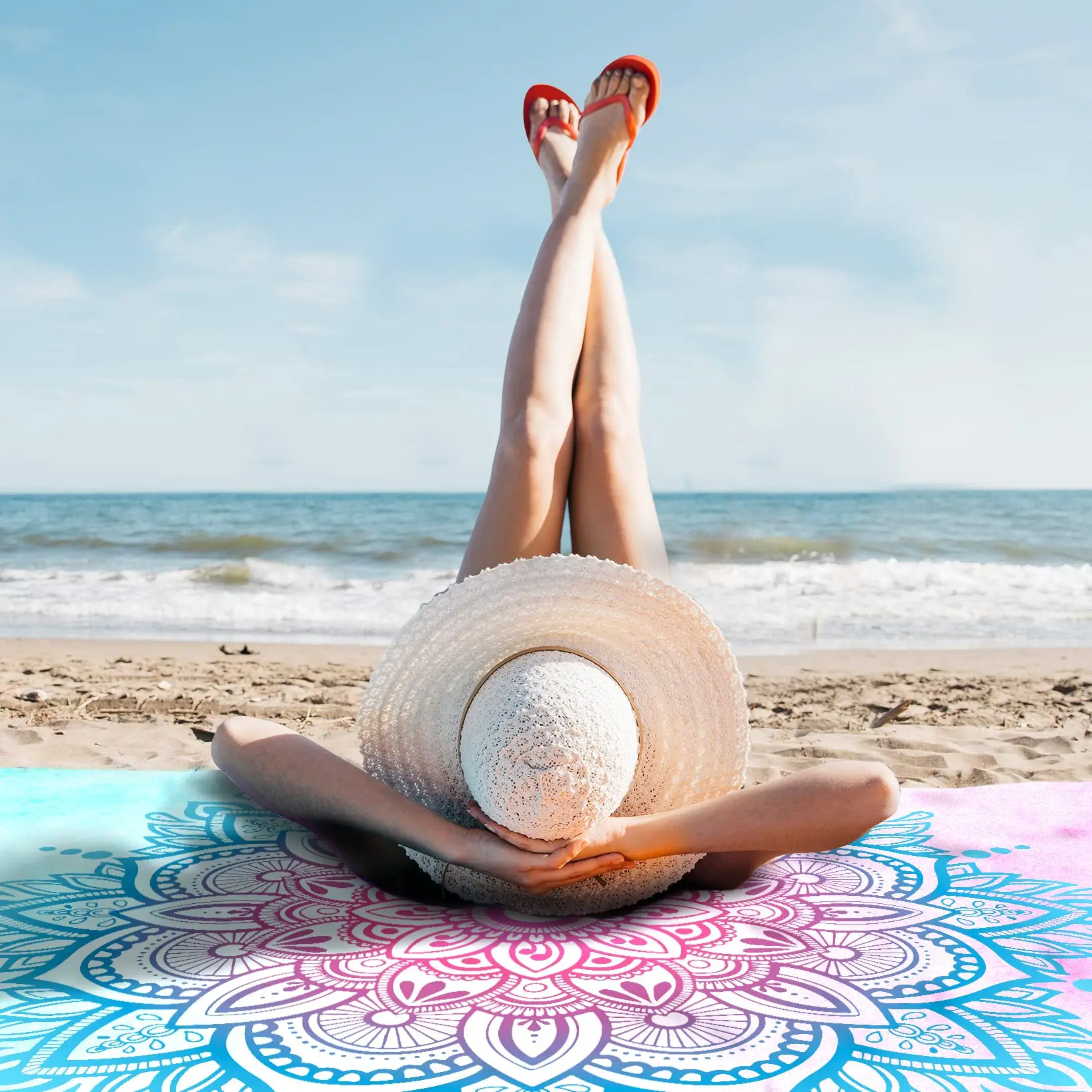 Sand Proof Beach Blanket with Corner Pockets and Mesh Bag for Beach Party,Travel,Camping,Watercolor Sky Blue Light Pink Mandala 5