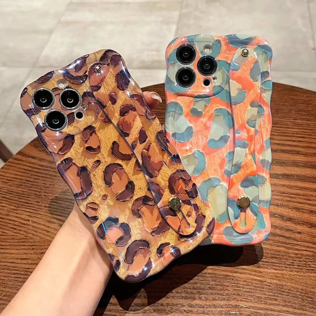 

New Suitable for iPhone 15 Blue Ray Oil Painting Leopard Pattern Phone Case 14 Promax Wrist Strap Holder 13 12 Protection Cover