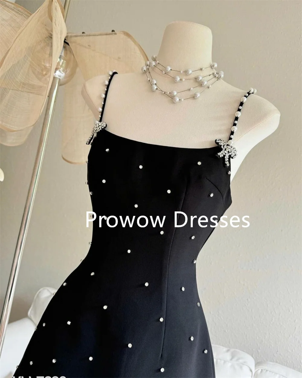 Prowow Black Pearls Beading Short Prom Cocktail Dresses Spaghetti Straps A Line Mini Evening Gowns for Party Birthday
