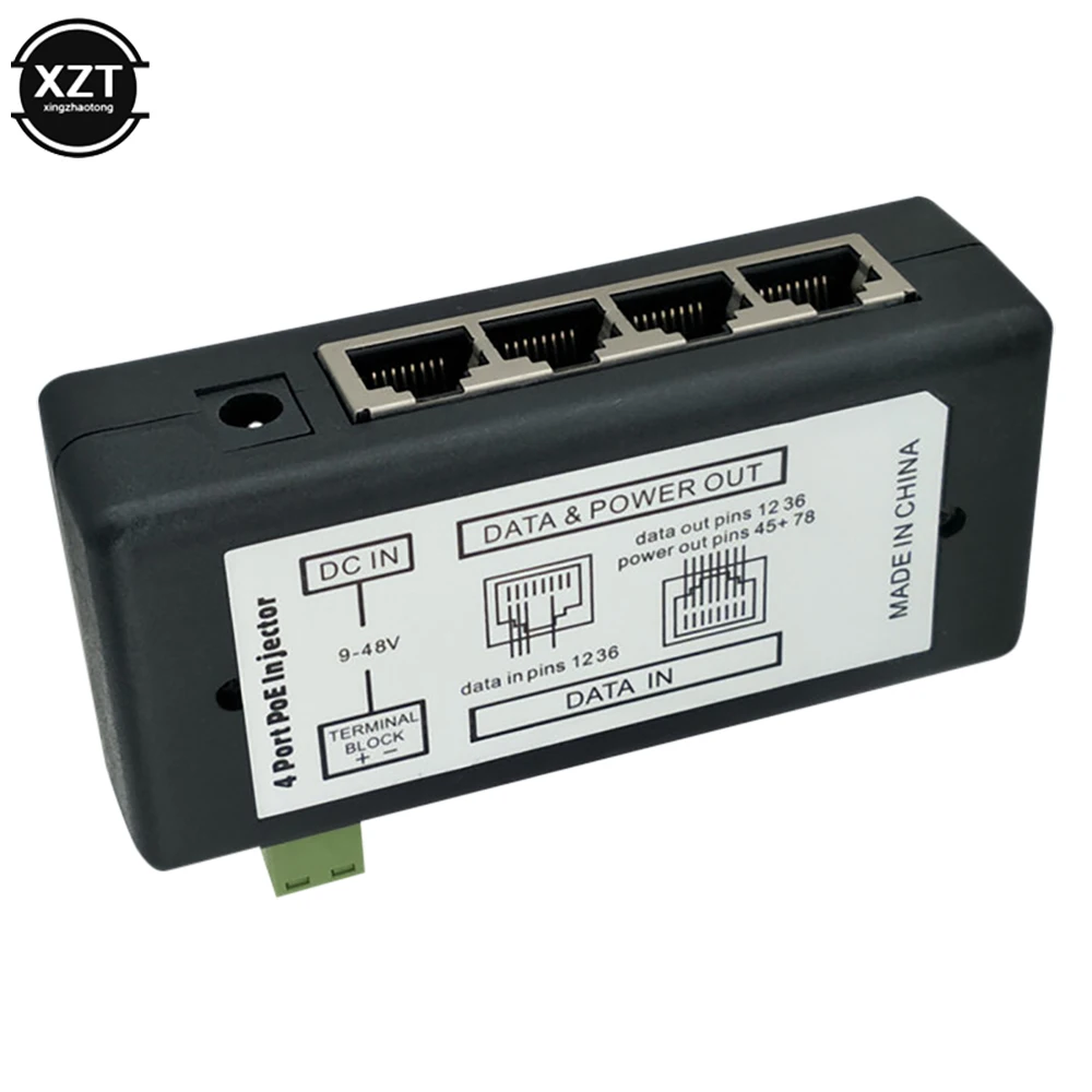 High quality 4 Ports PoE Injector PoE Power Adapter Ethernet Power Supply Pin 4,5(+)/7,8(-) Input DC 9V-DC 48V for IP Camera