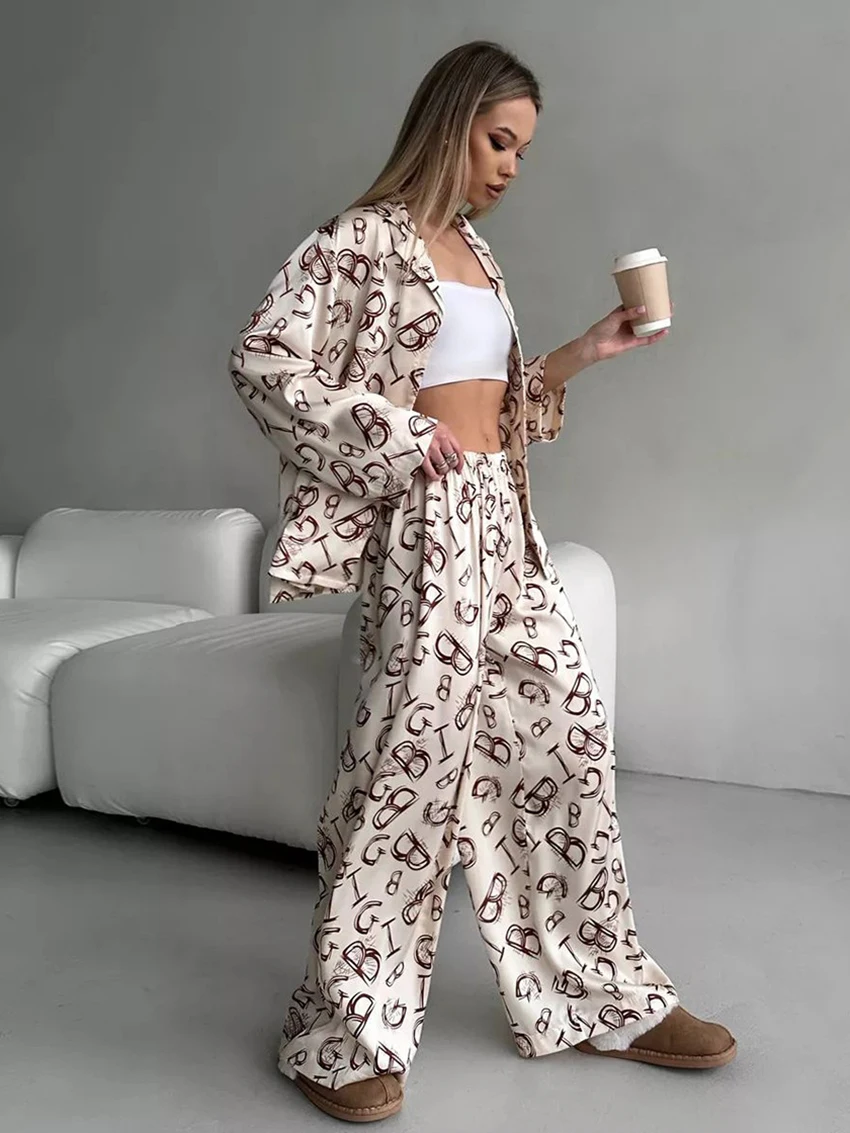 Marthaqiqi Printing Femme Sleepwear 2 Piece Suit Long Sleeve Nightwear Turn-Down Collar Pajama Wide Leg Pants Casual Nightie Set
