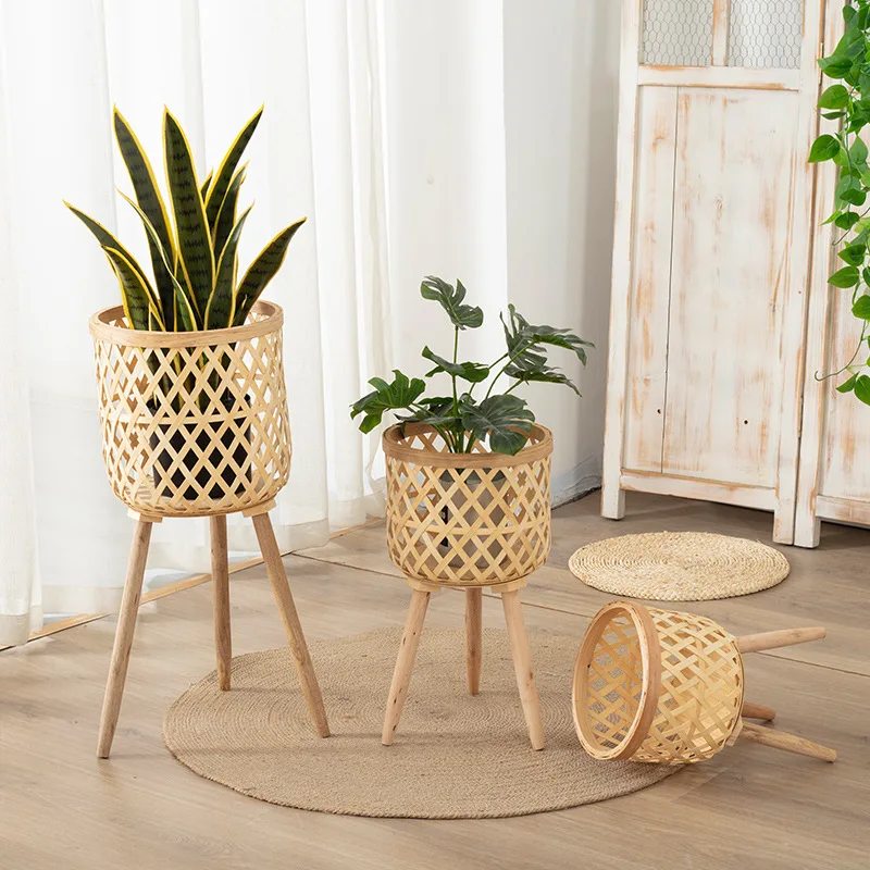 Elegant Wood Woven Standing Planter Basket with Legs