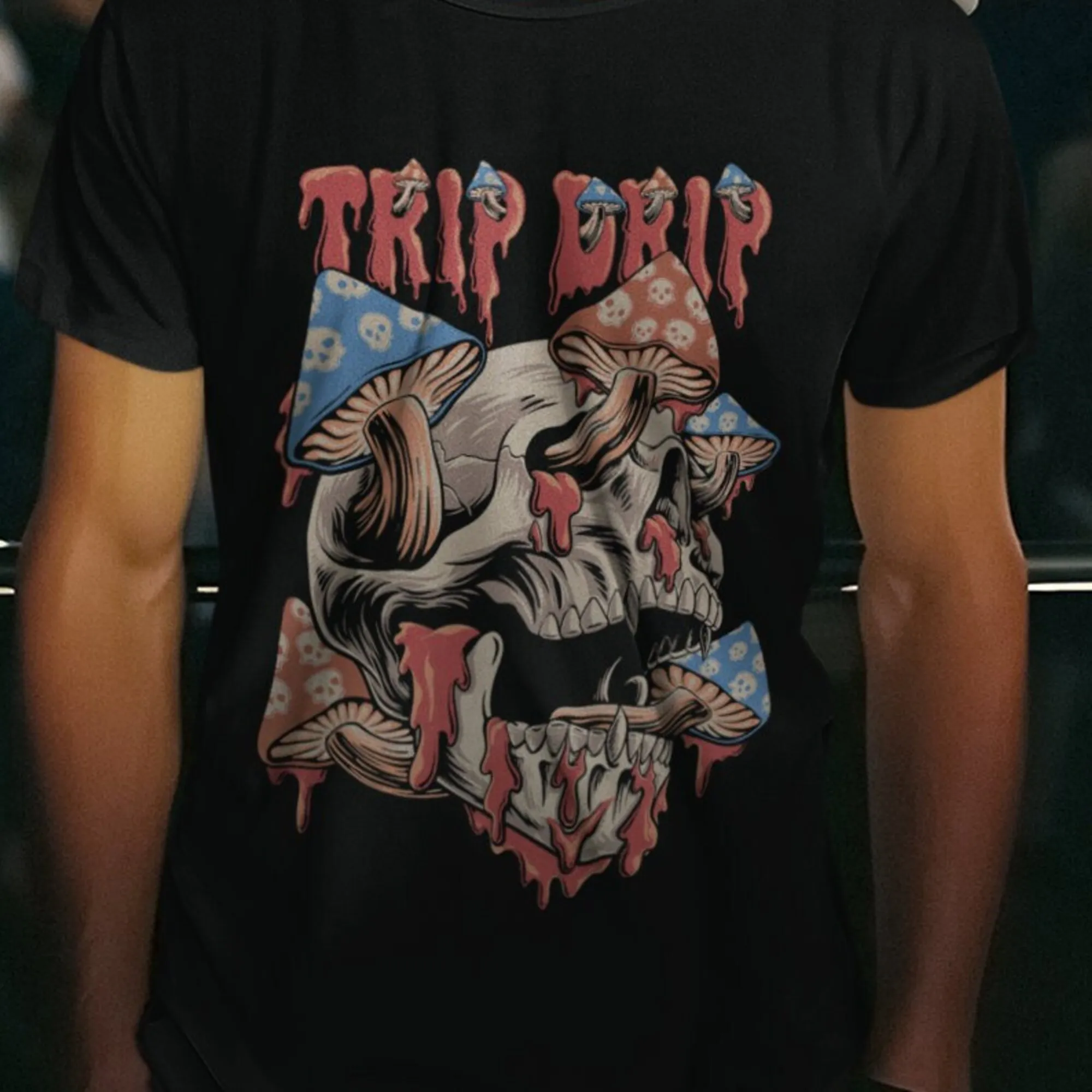 Trip Drip Skull Mushroom Rock N Roll T Shirt Dark Soul Streetwear Cool Melting Design Black