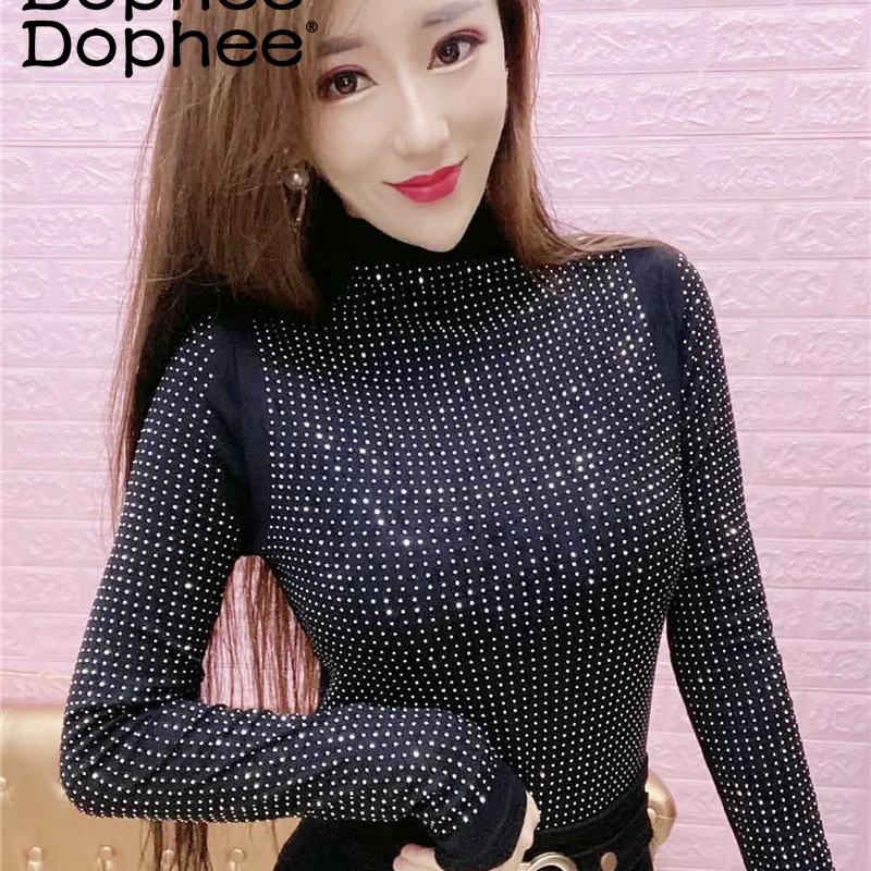 

Hot Rhinestone Shiny Turtleneck Long Sleeve Underwear Tshirt Women Fashion All-Match Stretch Slim Black T-shirt Top Big Size 3xl