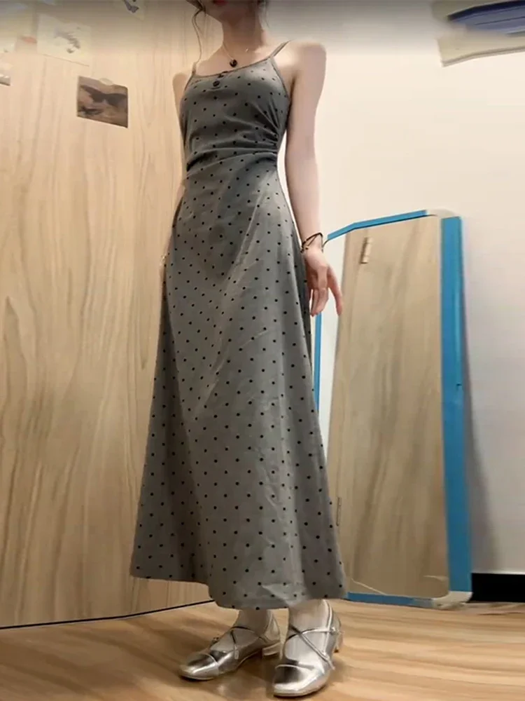 

French Dot Casual Loose Women Dress Gray Fashion Street Sleeveless Tight Hip Dresses Female Summer New Sexy Slim Woman Dress