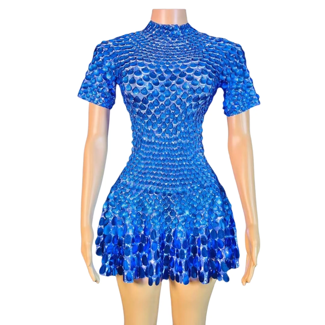 Royal Blue Women Short Dress Design Dancer Bodysuits Sequins