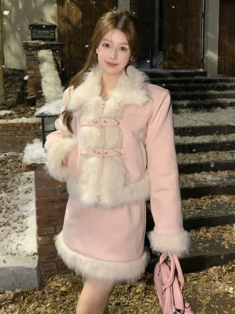 

High Quality Winter Thick Warm Plush 2 Piece Set For Women Short Jacket Coat + Skirt Sets Korean Fashion Sweet Two Piece Suits