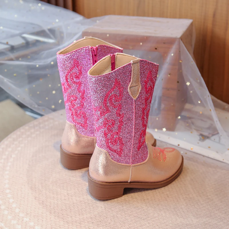 Girls Cowboy Mid Calf Boots with Glitter Sequins for Autumn Winter